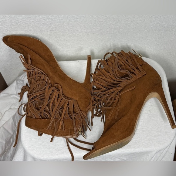 Express Brown Suede Leather Fringe Peep Toe Heeled Boho Western Booties Size 9 - Picture 6 of 11